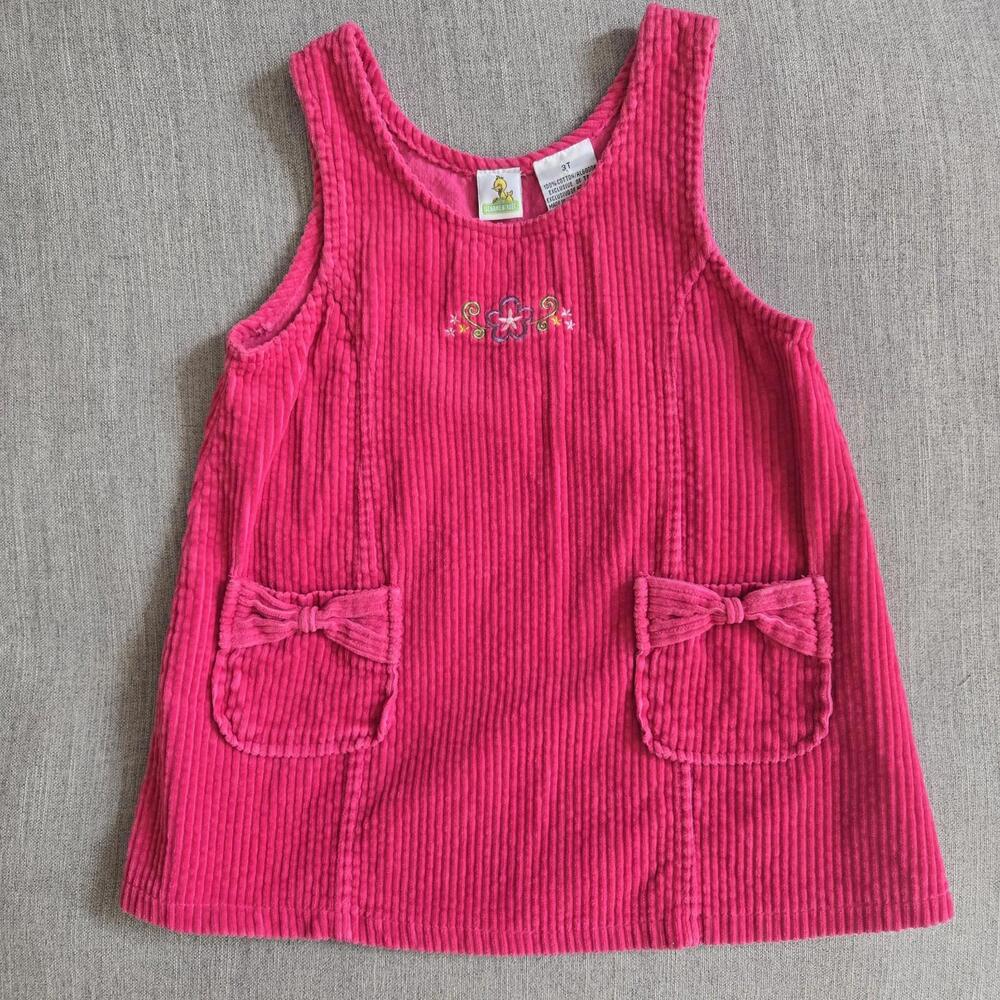 Vintage Sesame Street Bright Pink 3T Corduroy Jumper Dress Flower Embroidery
